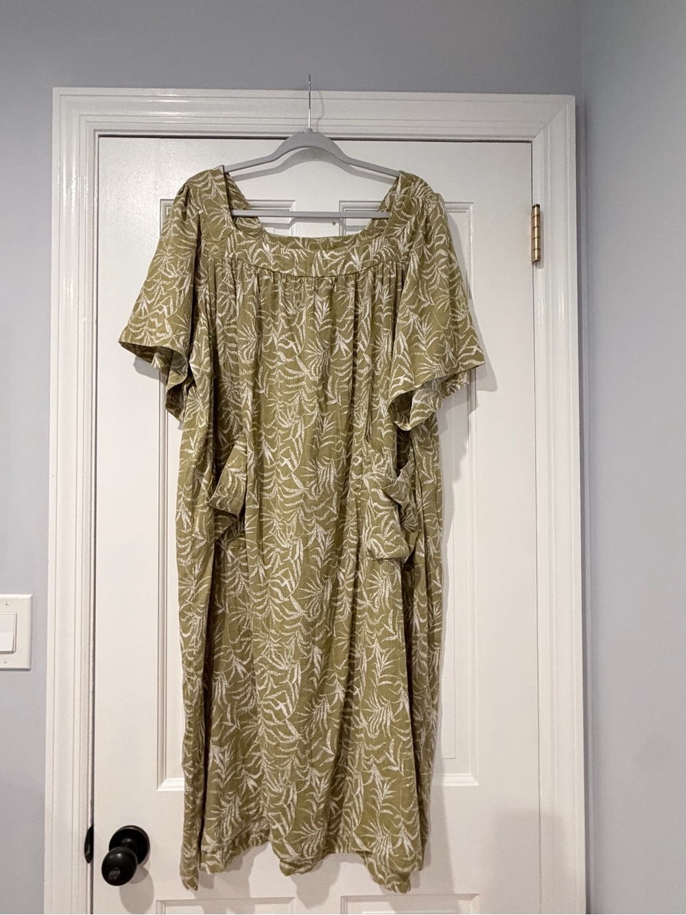 The Vermont Country Store 2X Olive Green Cotton Floral Print Pocket Midi Dress